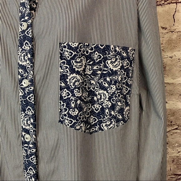 Susan Graver Navy Striped Button Front Contrast Floral Trim Long Sleeve Shirt - Picture 3 of 14